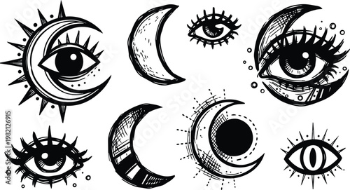 Hand drawn crescent moons and occult eyes black and white line art