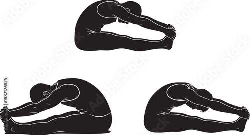 Silhouette of people in a seated forward bend pose yoga or stretching black and white background physical therapy flexibility exercise silhouette training activity movement monochrome