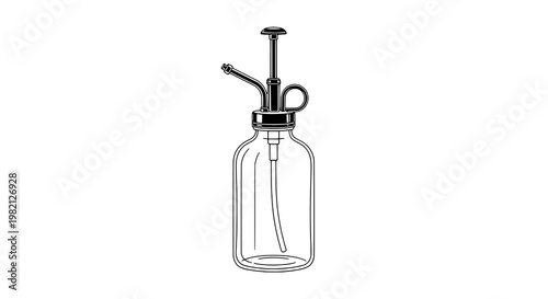 Spray bottle plant mister with pump top,thin outline drawing,isolated monochrome clipart featuring