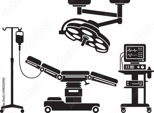 Modern hospital operating room equipment silhouette with surgical table and OT light on white background
