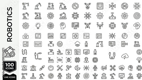 A collection of line icons depicting various robotics and technology concepts. AI, eps, png, jpg. transparent background.