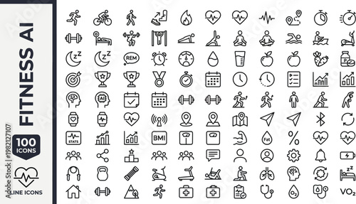 A collection of line icons related to fitness and wellness, including various exercise and health-related symbols. AI, eps, png, jpg. transparent background.