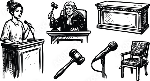 Black and white line art witness at podium with judge gavel microphone and courtroom furniture