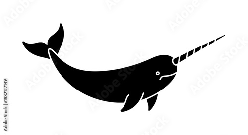 Narwhal icon with curved tusk and streamlined body in minimalist silhouette style featuring black, marine,