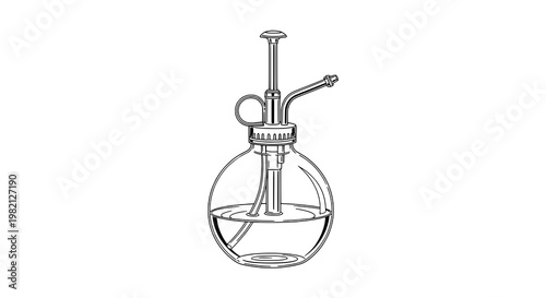 Spray bottle vintage atomizer with bulb reservoir and metal pump nozzle line art illustration featuring