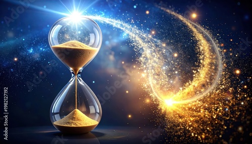 Hourglass with flowing sand and shimmering cosmic background