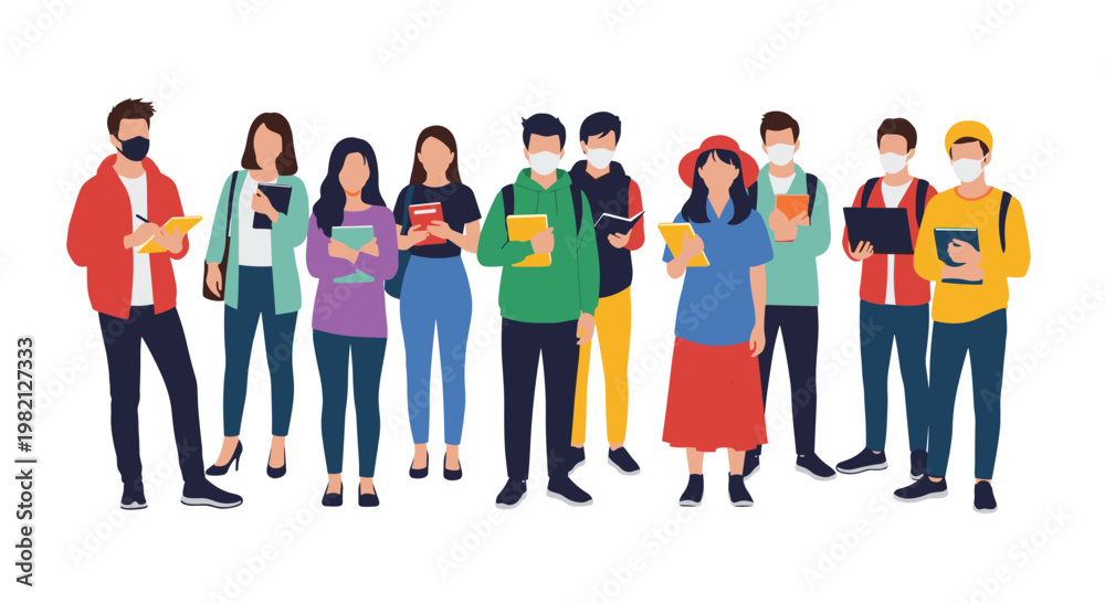 Obraz premium Group of diverse people and students standing together and wearing protective face masks for health and safety.