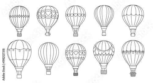 Extensive collection of hot air balloon line art designs featuring different shapes, patterns, and basket styles for creative projects.