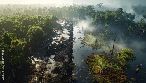 Split image vibrant forest meets a depleted, damaged ecosystem, with mist