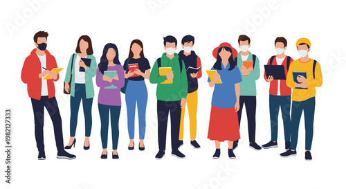 Group of diverse people and students standing together and wearing protective face masks for health and safety.