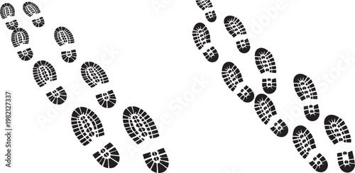 Footprint trails on white background with lug sole footprint direction movement navigation evidence illustration contrast isolated collection multiple different