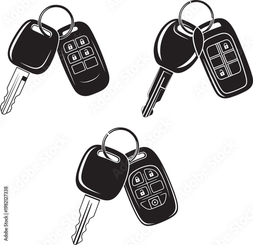 Car keys with remote fobs automobile transport security ignition electronic transponder transportation convenience technology collection multiple illustration contrast