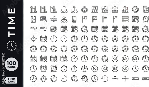 A collection of line icons depicting various time-related concepts and symbols. AI, eps, png, jpg. transparent background.