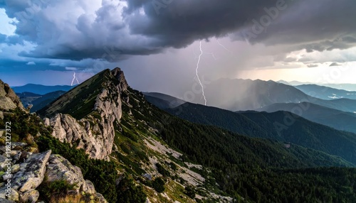 Mountain peaks under dramatic storm with lightning strikes