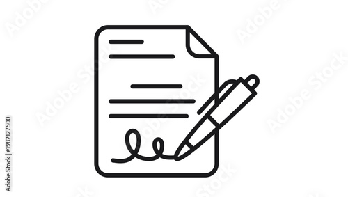 Black line vector icon illustration of a document or contract being signed with a pen, featuring a signature at the bottom, minimalist design for business agreement and legal paperwork.