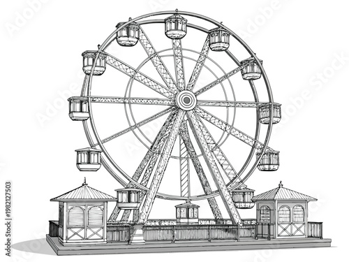 Elegant vintage ferris wheel with intricate architectural base in a park setting