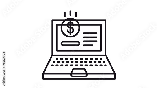 Minimalist black vector icon illustration of a laptop computer with a coin being dropped onto the screen, symbolizing online payments, digital banking, e-commerce, and fintech transactions.