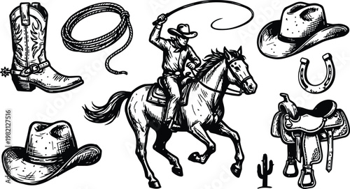 Black and white line art cowboy on galloping horse with lasso saddle boots and hats