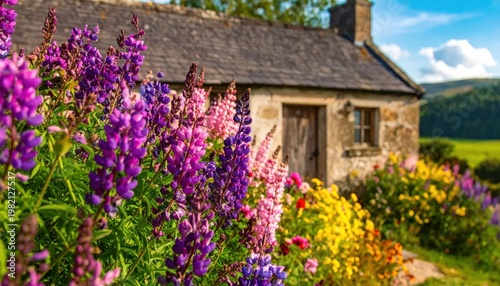 Colorful lupine flowers frame a rustic cottage under a bright summer sky