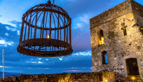 Night scene with an old cage and castle ruins, soft glowing light