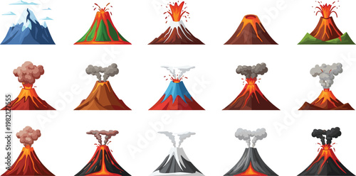 Volcano Eruption Set with Lava, Smoke, and Mountain Views for Geology, Natural Disaster, and Environmental Designs
