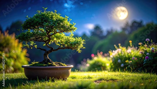 Small, lush bonsai tree in a pot, illuminated by moonlight in a garden