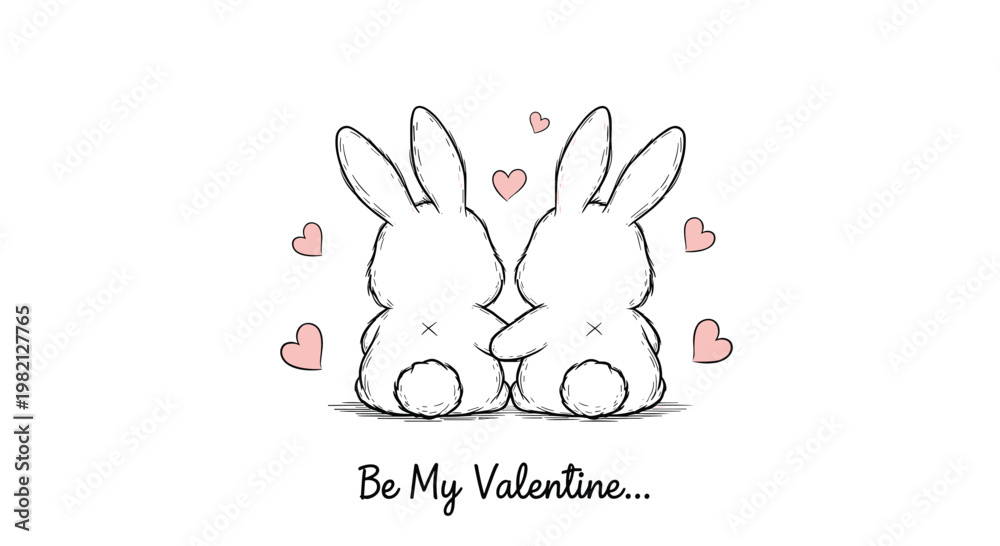 Fototapeta premium Two adorable bunnies sitting together from behind surrounded by small pink hearts and the message be my valentine.