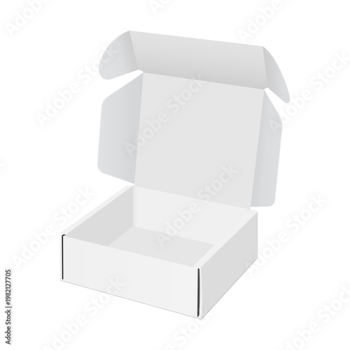 Square open cardboard box mockup with lid isolated on white background