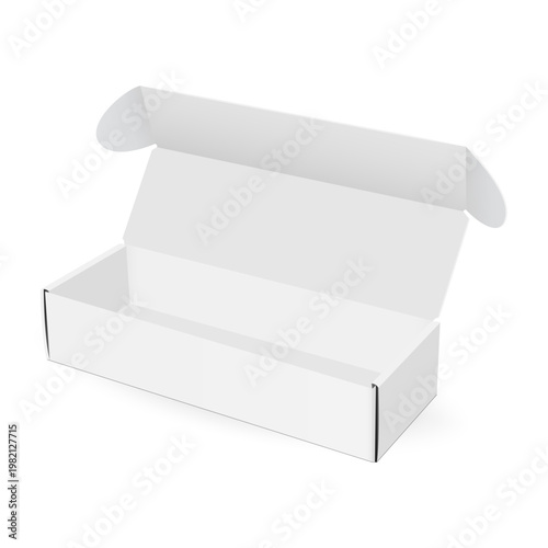 Open long rectangular cardboard box with lid mockup, isolated on white background. Vector illustration