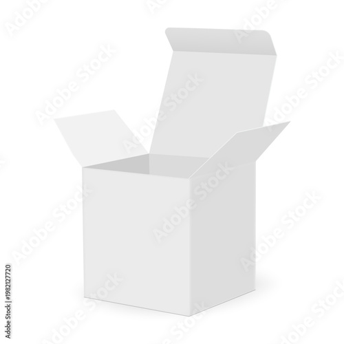 Small open cardboard packaging box mockup, isolated on white background. Template for retail products, cosmetics, medicine and product branding. Vector illustration