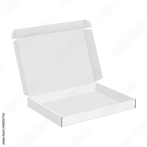 Open thin square cardboard box mockup for gifts packaging or mailing goods, isolated on white background. Vector illustration