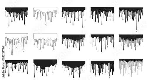 Versatile set of black and white dripping liquid effects ideal for paint, ink, chocolate, or blood texture design elements.