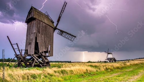 Rustic windmills under a dramatic stormy sky, with lightning striking