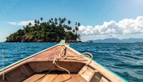 Wooden boat sails towards tropical island, sunny day. Ocean view