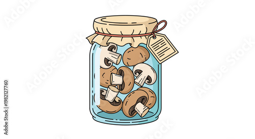 Clear glass jar with a paper lid and tag filled with whole and sliced brown and white mushrooms for preservation.