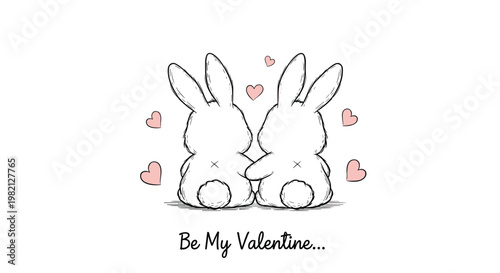 Two adorable bunnies sitting together from behind surrounded by small pink hearts and the message be my valentine.