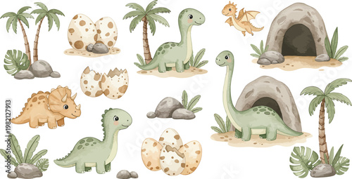 Funny cartoon vector illustration of a wild baby dinosaur with a chicken and eggs, a yellow Easter bunny, and a green snake in a blue nature zoo