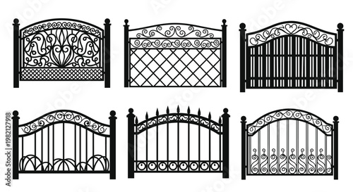 Six different designs of decorative wrought iron gates in solid black silhouette showing various ornamental swirls and lattice patterns.