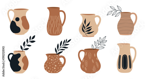 Contemporary set of ceramic jugs and vases decorated with abstract shapes and leaf patterns for modern home decor inspiration.