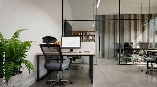 Εκτύπωση καμβά Spacious modern open-plan office interior with multiple workstations, glass walls, and lush green plants