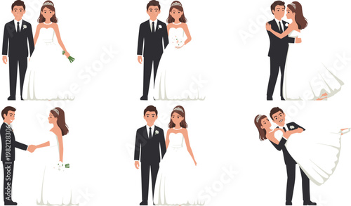 Happy wedding couple collection featuring bride and groom in various poses for marriage invitations and romantic ceremony celebration designs