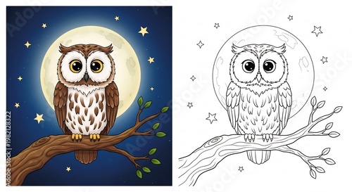 Cute Owl Sitting on a Branch Under the Full Moon.