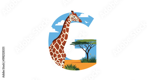 Stylized letter G silhouette containing a giraffe and acacia tree against a bright blue sky with clouds in a savanna safari landscape.