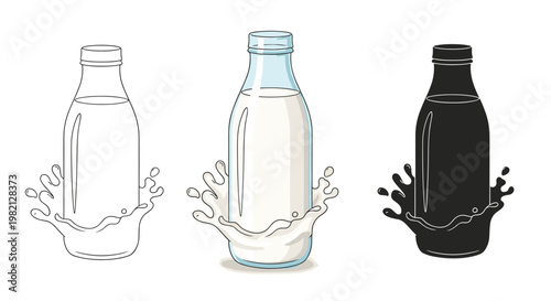 Glass milk bottle icon set with a white liquid splash at the bottom shown in detailed line art, full color, and a solid black silhouette.