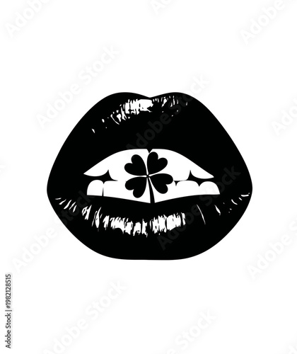 Minimalist black and white illustration: sensual lips holding a lucky four-leaf clover, symbol of good fortune.