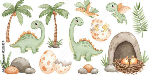 Funny cartoon vector illustration of a wild baby dinosaur with a chicken and eggs, a yellow Easter bunny, and a green snake in a blue nature zoo