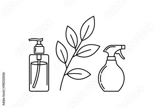 Hand sanitizer and disinfectant spray with plant illustration