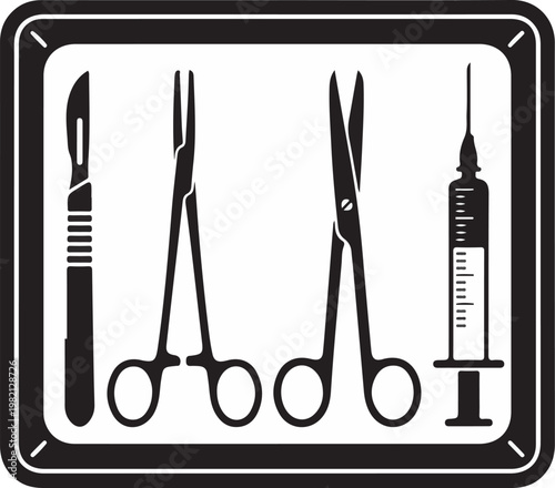Set of surgical instruments silhouette including scalpel, scissors, forceps and syringe on medical tray