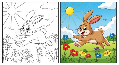 Happy Easter Bunny Running Through a Field of Flowers.
