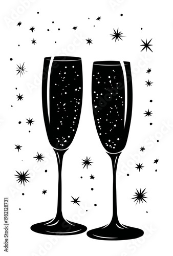 Elegant black and white graphic illustration of two champagne flutes toasting with sparkling wine and festive star confetti